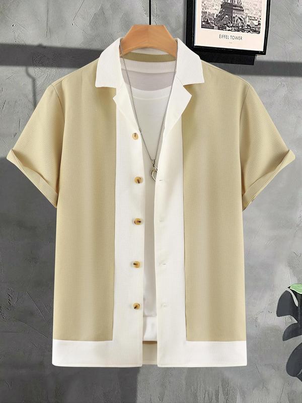 Men's Colorblock Textured Lapel Collar Button Front Shirt, Summer Clothes, Regular Fit Contrast Binding Short Sleeve Top for Summer, Streetwear, Casual Men's Clothes for Daily Wear