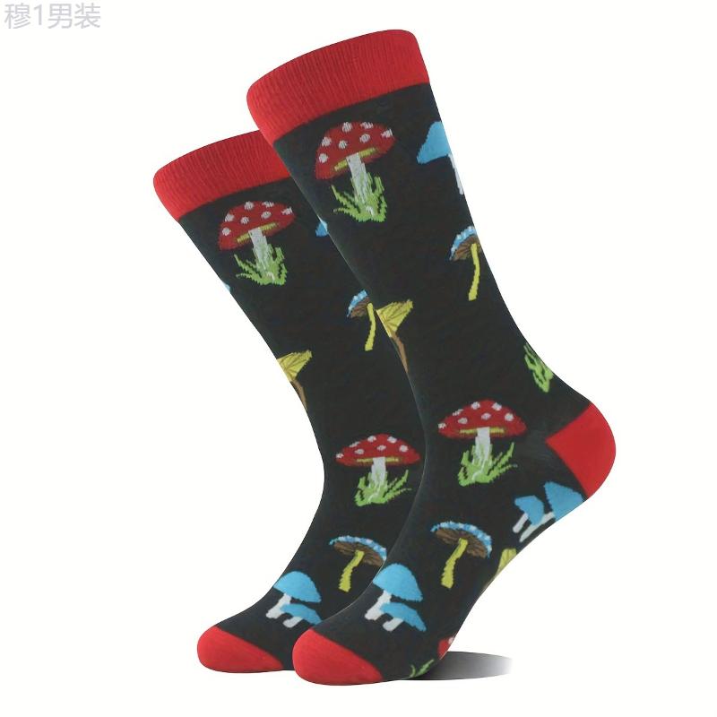 Mushroom Pattern 3 Pairs Of Men's Trendy Cartoon Pattern Crew Mid-calf Socks, Breathable Comfy Casual Unisex Socks For Men's Outdoor Wearing All Seasons Wearing Fabric Menswear Cotton Motocross Tropical