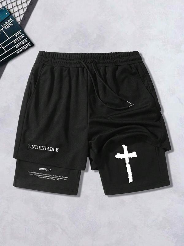 Men's Cross & Letter Print 2 in 1 Drawstring Waist Shorts, Loose Casual Pocket Track Shorts for Summer, Fashion Men's Bottoms for Daily Wear