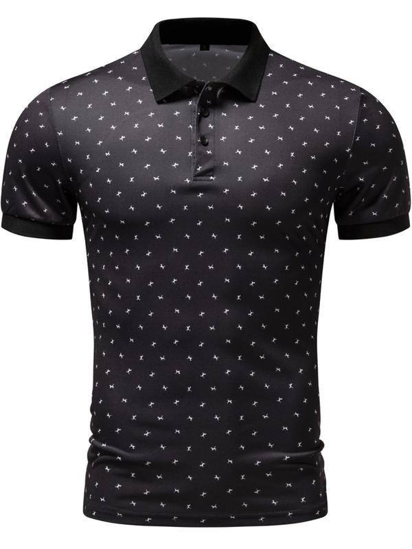 Men's All Over Print Short Sleeve Polo Neck Tee, Casual Regular Fit Short Sleeve T-Shirt for Summer, Fashion Men's Top for Daily Wear