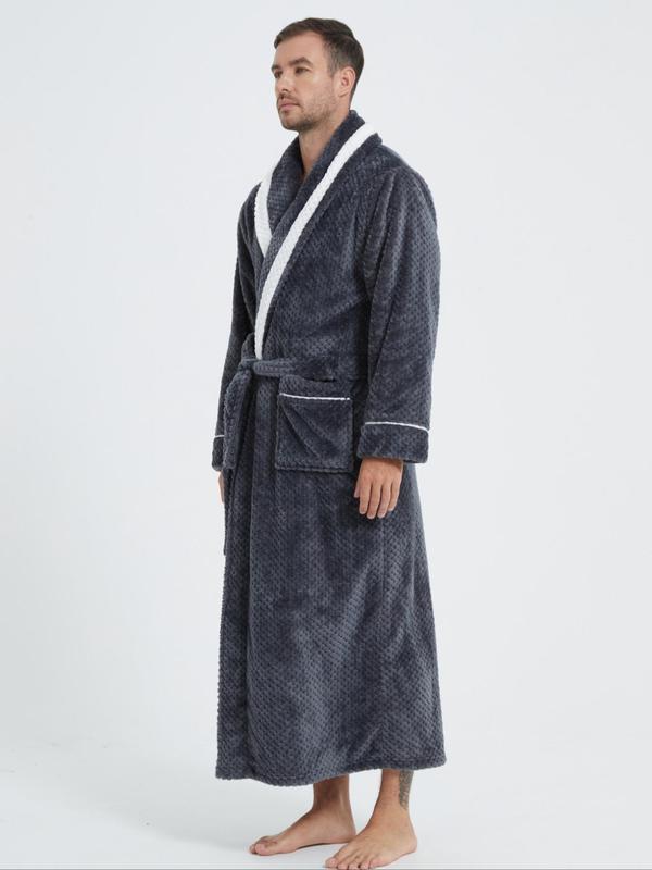 Men's Contrast Binding Belted Wrap Bathrobe, Casual Long Sleeve Pocket Design Lounge Robe, Men's Sleepwear for Fall & Winter, Fall Wear, Fallfreshness,  House Coat