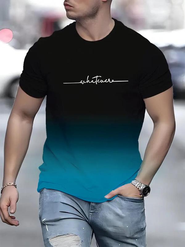 Men's Letter & Ombre Print Round Neck Tee, Casual Short Sleeve T-shirt for Summer, Fashion Men's Top for Daily Wear