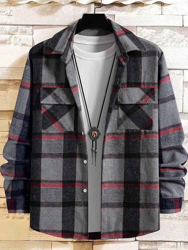 Men's Plaid Print Button Front Shirt Jacket, Regular Fit Casual Long Sleeve Collared Outerwear for Winter, Men's Clothes for Daily Wear