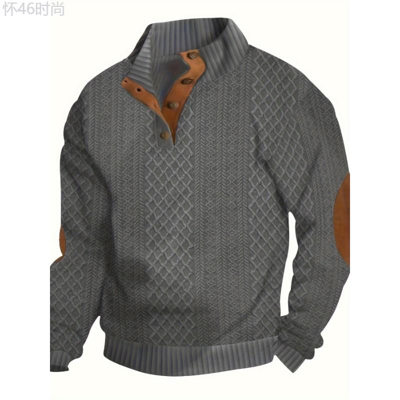 Men's Classic Jacquard Stand Collar Pullover Sweater - Casual Long Sleeve Knit Top for Fall Winter, Polyester Fabric Knitwear