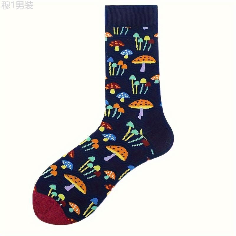 Mushroom Pattern 3 Pairs Of Men's Trendy Cartoon Pattern Crew Mid-calf Socks, Breathable Comfy Casual Unisex Socks For Men's Outdoor Wearing All Seasons Wearing Fabric Menswear Cotton Motocross Tropical