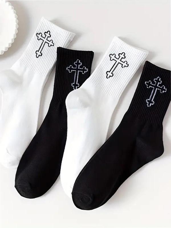 Men's Cross Embroidery Crew Socks, Casual Comfy Breathable Mid-calf Socks for Daily Wear, Men's Socks for All Seasons