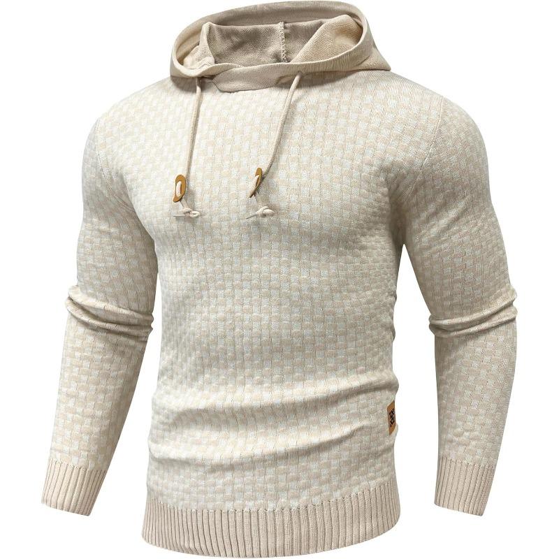 Zaitun Mens Hooded Sweatshirt Long Sleeve Solid Knitted Hoodie Pullover Sweater Casual Knitwear Menswear Classic Tops Fabric Checkerboard