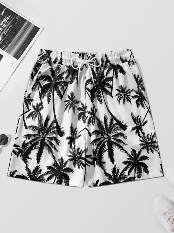 Men's Regular Fit Tropical Coconut Tree Print Drawstring Waist Shorts, Casual Pocket Wide Leg Shorts For Summer, Beach Vacation Shorts For Men