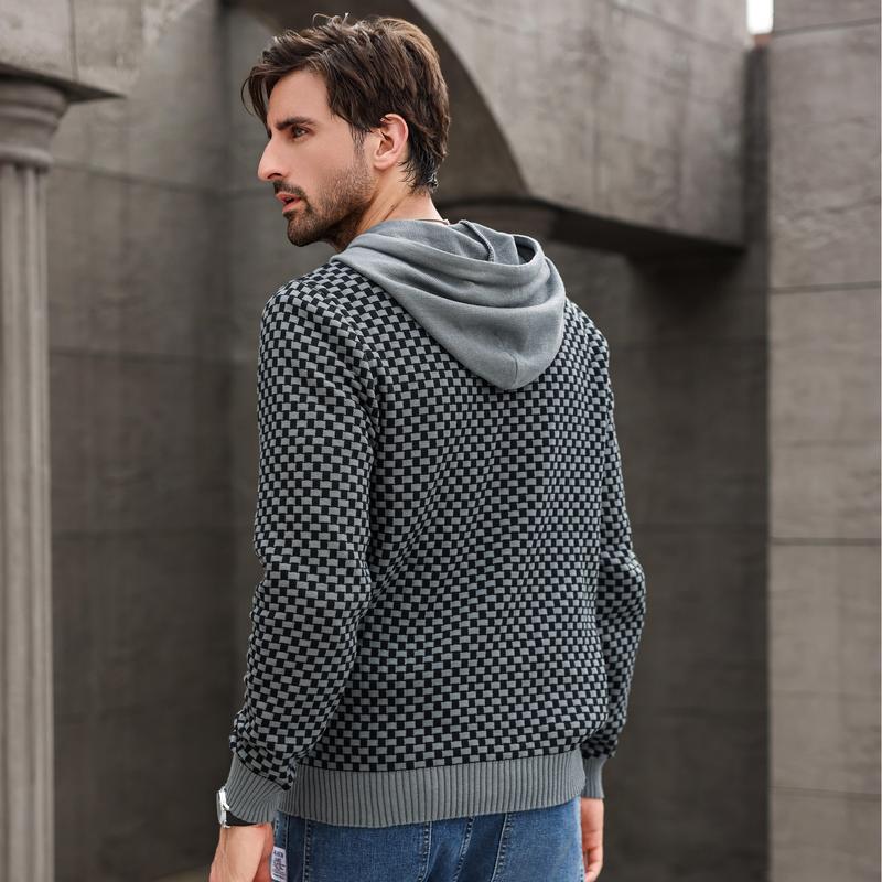 Zaitun Mens Hooded Sweatshirt Long Sleeve Solid Knitted Hoodie Pullover Sweater Casual Knitwear Menswear Classic Tops Fabric Checkerboard