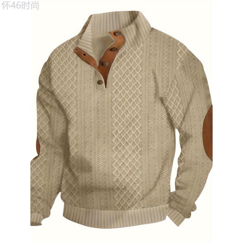 Men's Classic Jacquard Stand Collar Pullover Sweater - Casual Long Sleeve Knit Top for Fall Winter, Polyester Fabric Knitwear