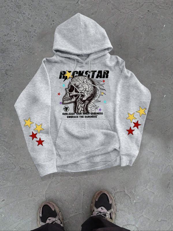 Men's Star Skull Print Hoodie & Drawstring Waist Sweatpants Two-piece Set, Letters Print Regular Fit Long Sleeve Hooded Sweatshirt & Pocket Jogger Pants, Men's Fall & Winter Clothes