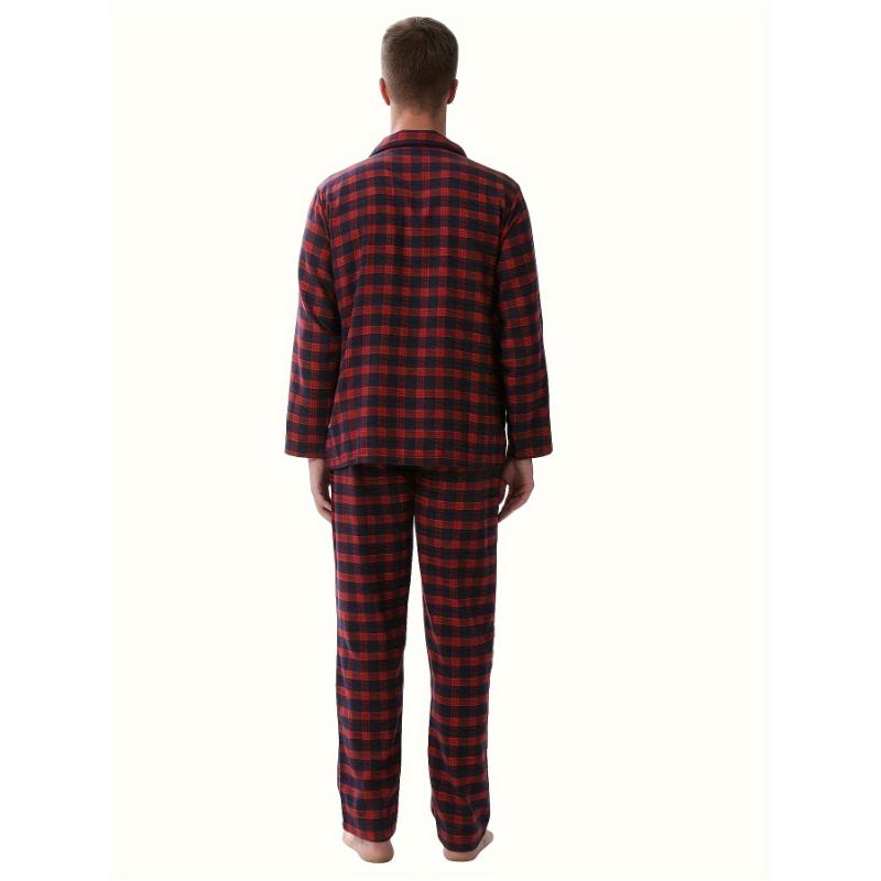 Mens Simple Style Casual Pajamas Sets Warm Flannel Lounge Wear, Plaid Long Sleeve Lapel Neck Shirt & Loose Pants Home Pajamas Sets, Outdoor Sets For Autumn And Winter