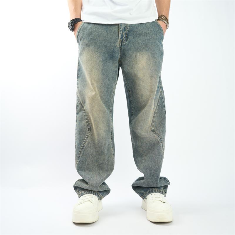 Wide-leg New Men Simple Style Spliced Design Loose Jeans Pants Stylish Men's Solid Casual Straight Denim Trousers Menswear Underwear