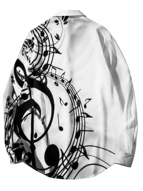 Men's Music Note Print Button Front Shirt, Regular Fit Casual Long Sleeve Collared Top for All Seasons, Fashion Men's Clothes for Daily Wear