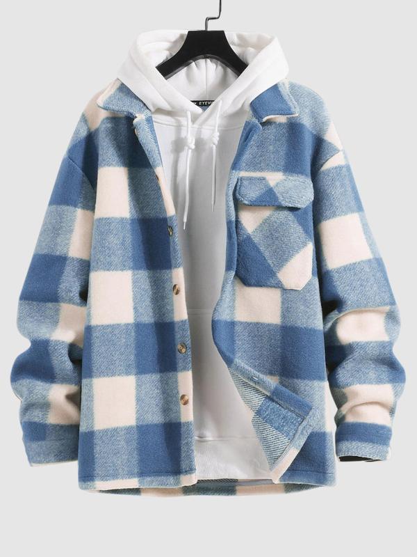 Men's Plaid Print Button Front Pocket Woolen Jacket, Loose Casual Long Sleeve Collared Outerwear for Fall & Winter, Men's Clothes for Daily Wear