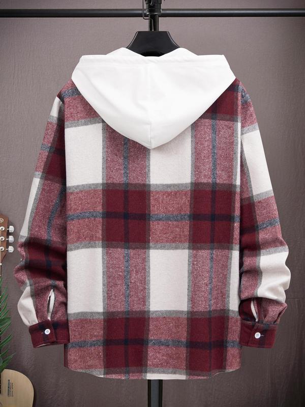 Men's Plaid Print Button Front Drawstring Hooded Jacket, Casual Regular Fit Long Sleeve Pocket Outerwear for Fall & Winter, Men's Clothes for Daily Wear