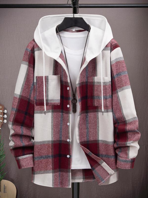 Men's Plaid Print Button Front Drawstring Hooded Jacket, Casual Regular Fit Long Sleeve Pocket Outerwear for Fall & Winter, Men's Clothes for Daily Wear