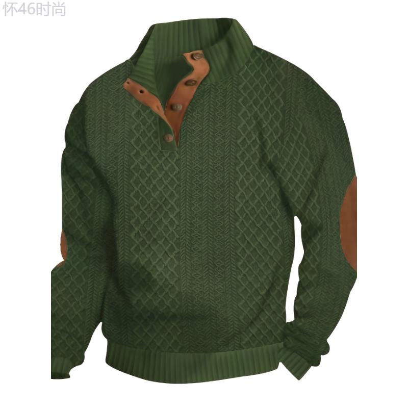 Men's Classic Jacquard Stand Collar Pullover Sweater - Casual Long Sleeve Knit Top for Fall Winter, Polyester Fabric Knitwear