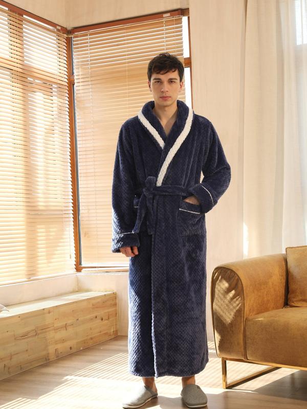 Men's Contrast Binding Belted Wrap Bathrobe, Casual Long Sleeve Pocket Design Lounge Robe, Men's Sleepwear for Fall & Winter, Fall Wear, Fallfreshness,  House Coat