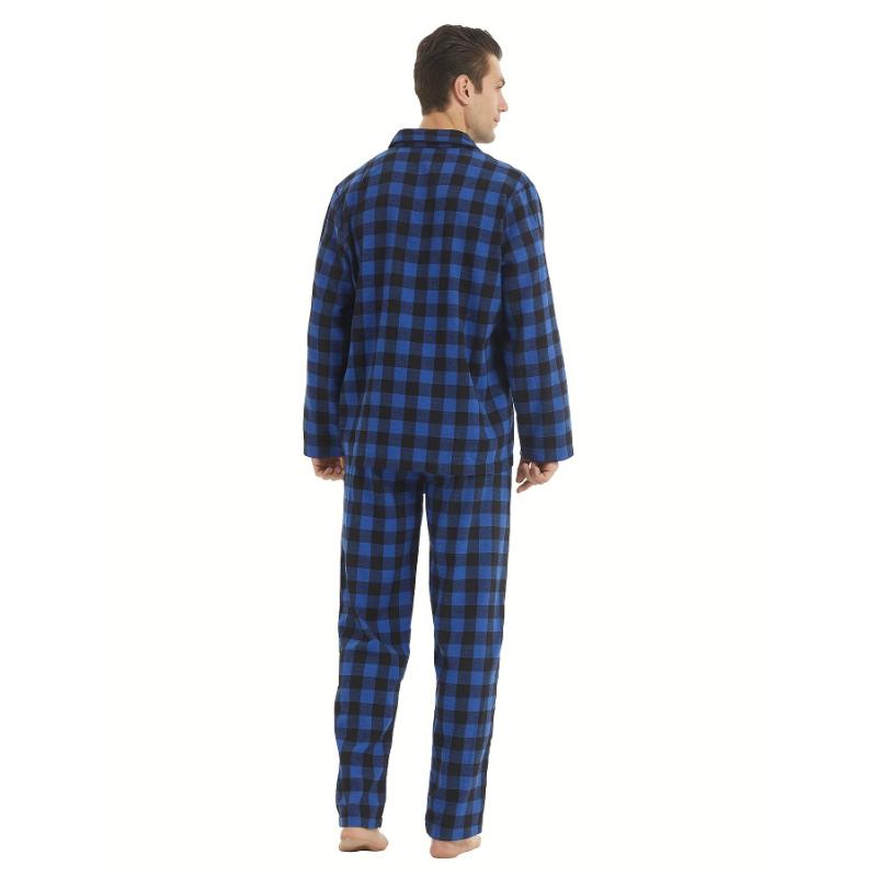 Mens Simple Style Casual Pajamas Sets Warm Flannel Lounge Wear, Plaid Long Sleeve Lapel Neck Shirt & Loose Pants Home Pajamas Sets, Outdoor Sets For Autumn And Winter