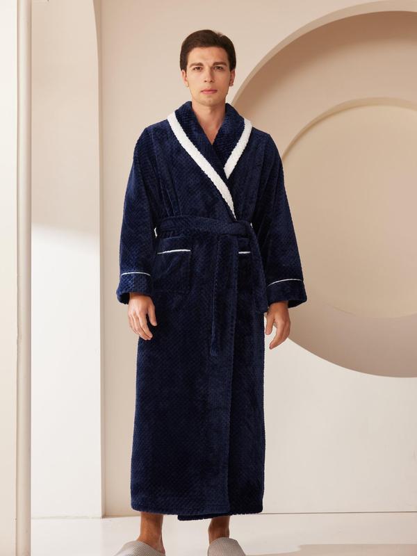 Men's Contrast Binding Belted Wrap Bathrobe, Casual Long Sleeve Pocket Design Lounge Robe, Men's Sleepwear for Fall & Winter, Fall Wear, Fallfreshness,  House Coat