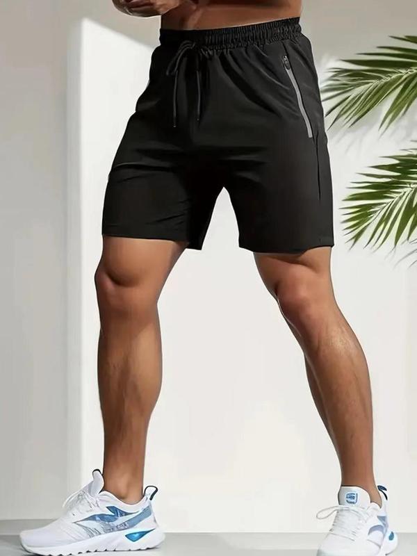 Men's Solid Drawstring Waist Zipper Pocket Track Shorts, Regular Fit Casual Elastic Waist Shorts for Summer, Men's Bottoms for Daily Wear