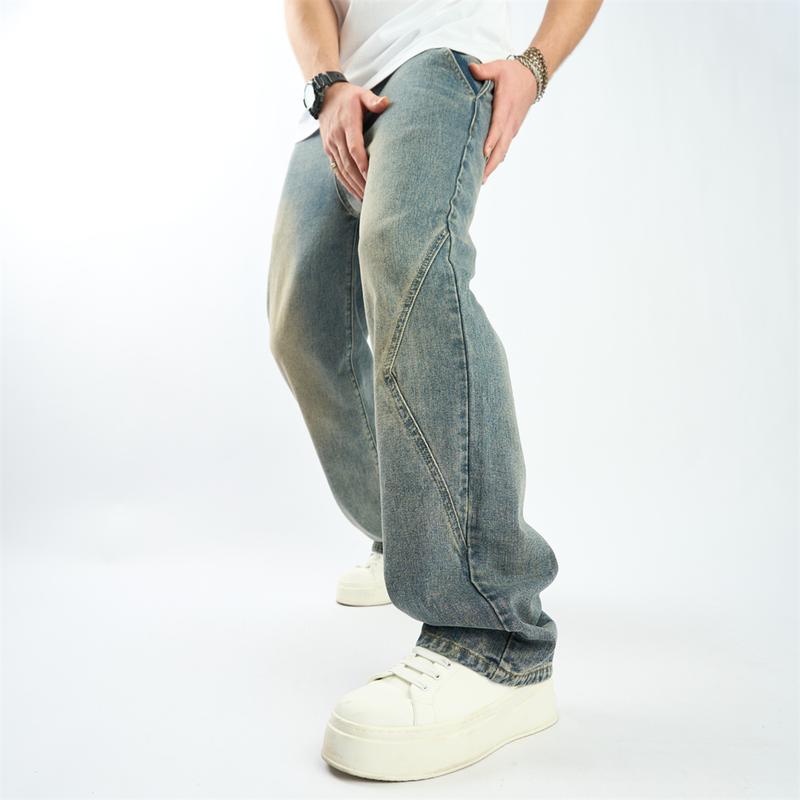 Wide-leg New Men Simple Style Spliced Design Loose Jeans Pants Stylish Men's Solid Casual Straight Denim Trousers Menswear Underwear