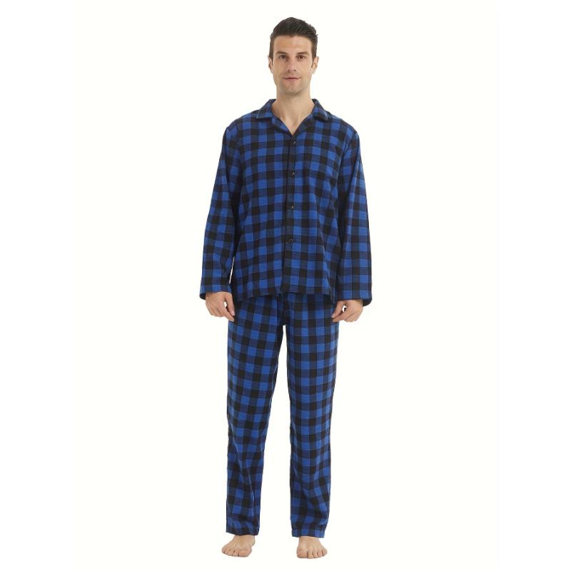 Mens Simple Style Casual Pajamas Sets Warm Flannel Lounge Wear, Plaid Long Sleeve Lapel Neck Shirt & Loose Pants Home Pajamas Sets, Outdoor Sets For Autumn And Winter