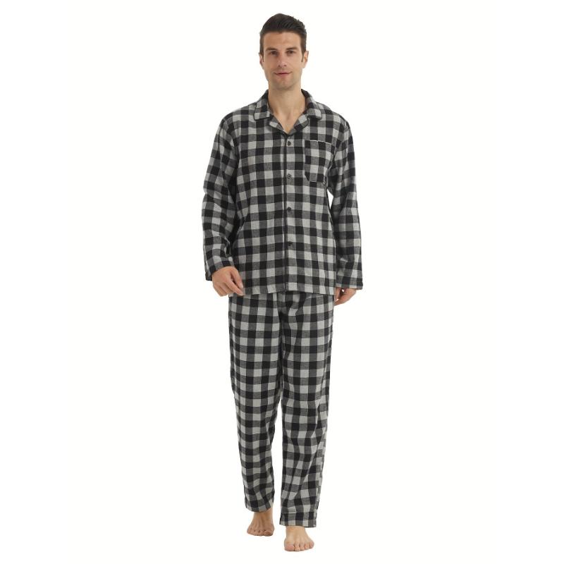 Mens Simple Style Casual Pajamas Sets Warm Flannel Lounge Wear, Plaid Long Sleeve Lapel Neck Shirt & Loose Pants Home Pajamas Sets, Outdoor Sets For Autumn And Winter