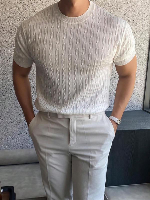 Men's Slim Solid Short Sleeve Knit Top, Casual Comfortable Round Neck Knitwear for Summer, Fashion Men's Streetwear Knit Clothing for Daily Wear