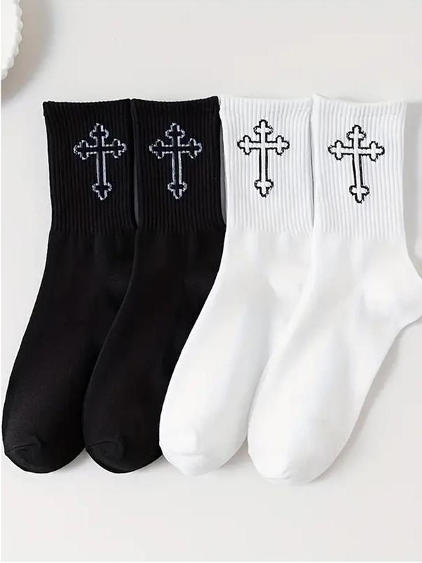 Men's Cross Embroidery Crew Socks, Casual Comfy Breathable Mid-calf Socks for Daily Wear, Men's Socks for All Seasons