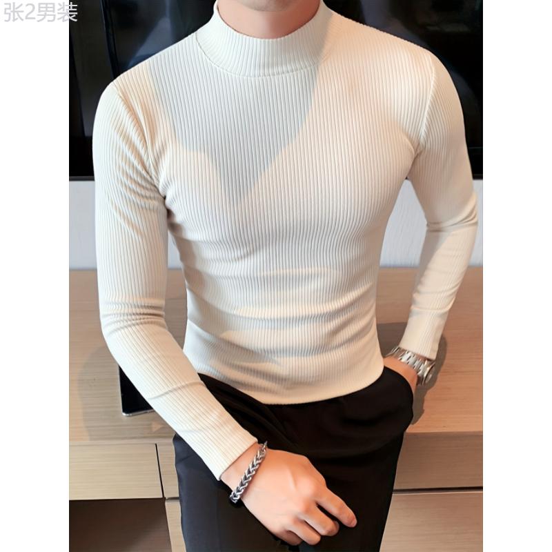 Men's  Turtleneck T-Shirt, Fashion Ribbed Half High Neck Knit, Stretchy Polyester, Casual Top for Streetwear, Evening Dates, Vacation, Indoor, Valentine's, Christmas, New Year, Thanksgiving, Easter, Outdoor, Daily Wear Fabric Knitwear Menswear Collar