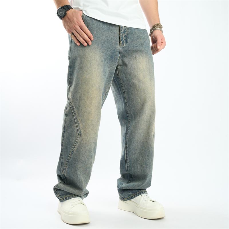 Wide-leg New Men Simple Style Spliced Design Loose Jeans Pants Stylish Men's Solid Casual Straight Denim Trousers Menswear Underwear