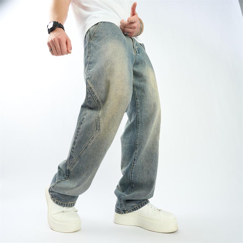 Wide-leg New Men Simple Style Spliced Design Loose Jeans Pants Stylish Men's Solid Casual Straight Denim Trousers Menswear Underwear