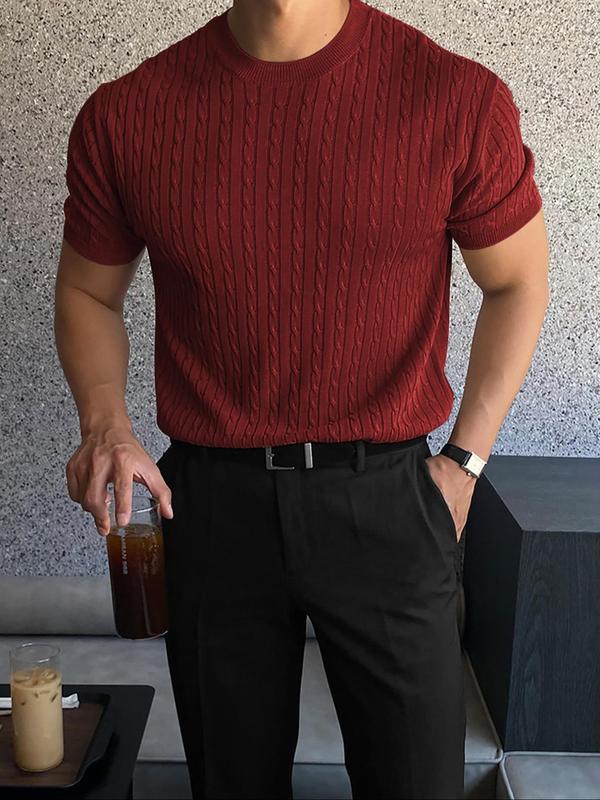 Men's Slim Solid Short Sleeve Knit Top, Casual Comfortable Round Neck Knitwear for Summer, Fashion Men's Streetwear Knit Clothing for Daily Wear