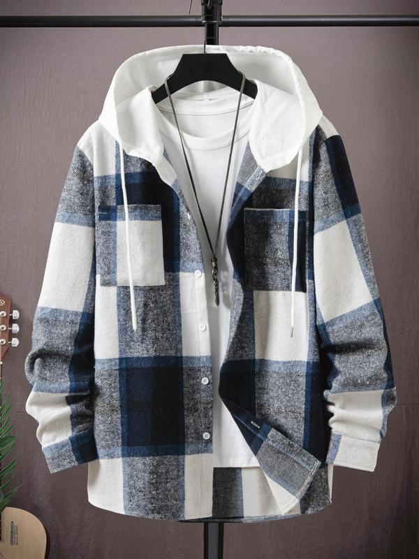 Men's Plaid Print Button Front Drawstring Hooded Jacket, Casual Regular Fit Long Sleeve Pocket Outerwear for Fall & Winter, Men's Clothes for Daily Wear