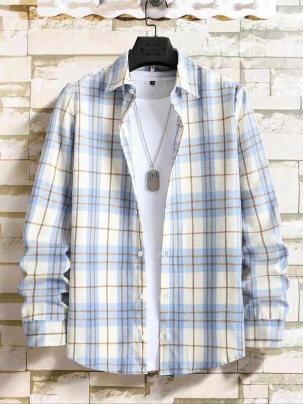  Plaid Print Button Front Shirt, Casual Comfy Long Sleeve Collared Top for Fall & Winter, Men's Clothes for Daily Wear