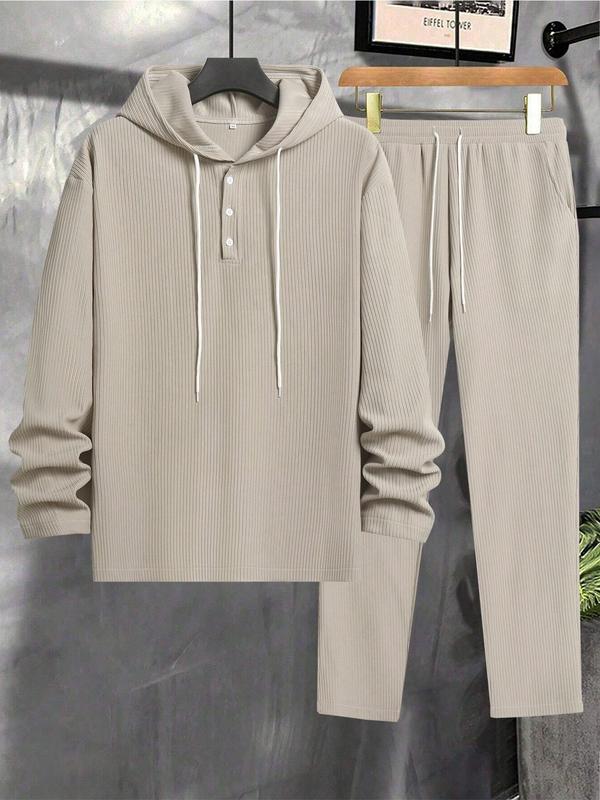 Men's Solid Half Button Ribbed Hoodie & Drawstring Waist Pants Two-piece Set, Casual Long Sleeve Hooded Pullover & Pocket Trousers for Daily Wear, Men's Two-piece Outfits for All Seasons