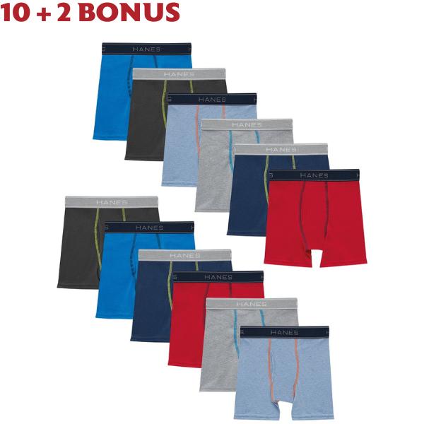 Hanes Comfort Flex Boys' Ringer Boxer Brief Underwear, 10+2 Pack For Men