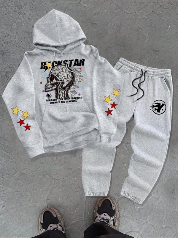 Men's Star Skull Print Hoodie & Drawstring Waist Sweatpants Two-piece Set, Letters Print Regular Fit Long Sleeve Hooded Sweatshirt & Pocket Jogger Pants, Men's Fall & Winter Clothes