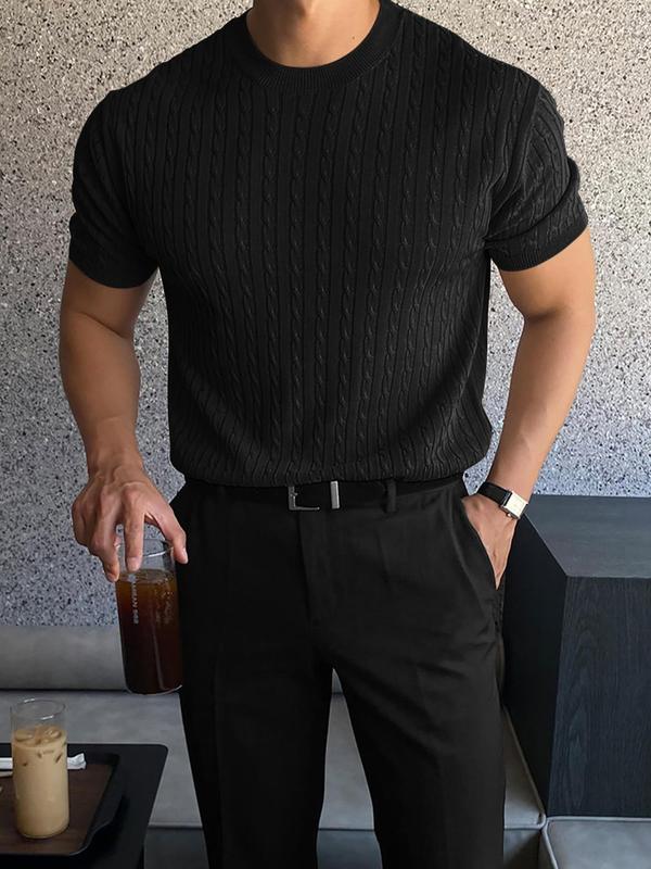 Men's Slim Solid Short Sleeve Knit Top, Casual Comfortable Round Neck Knitwear for Summer, Fashion Men's Streetwear Knit Clothing for Daily Wear