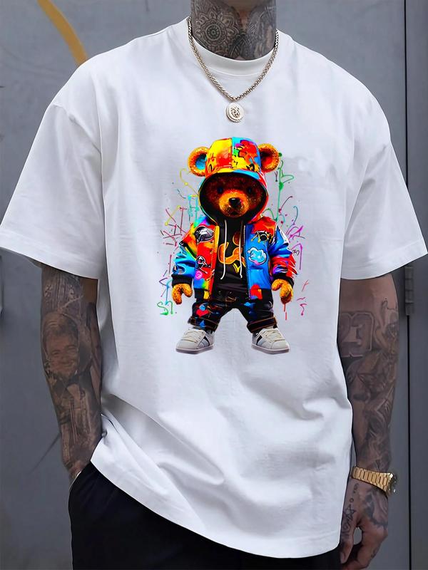 Men's Cartoon Bear Print Round Neck Tee, Regular Fit Casual Short Sleeve T-shirt, Men's Summer Top for Daily Wear