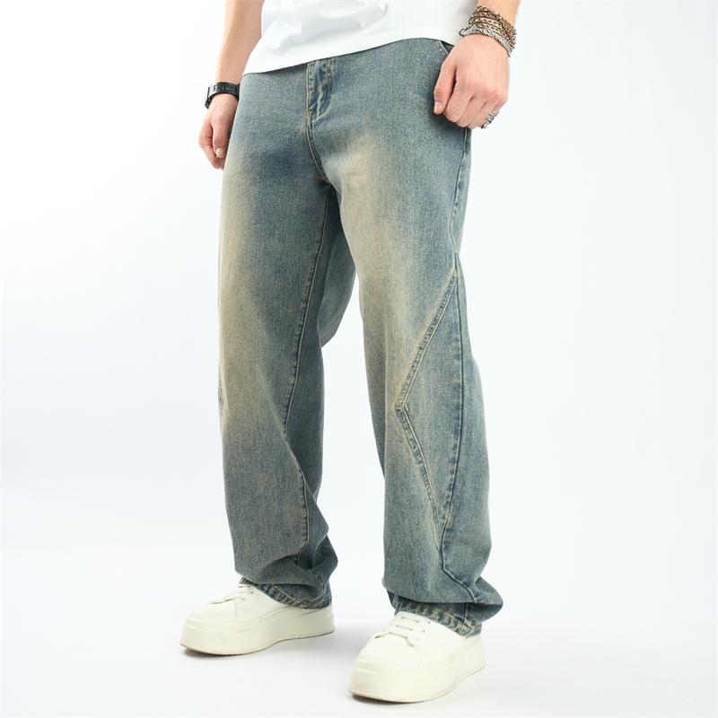 Wide-leg New Men Simple Style Spliced Design Loose Jeans Pants Stylish Men's Solid Casual Straight Denim Trousers Menswear Underwear