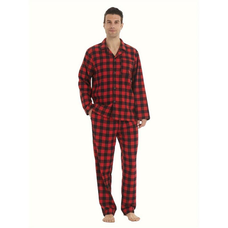 Mens Simple Style Casual Pajamas Sets Warm Flannel Lounge Wear, Plaid Long Sleeve Lapel Neck Shirt & Loose Pants Home Pajamas Sets, Outdoor Sets For Autumn And Winter