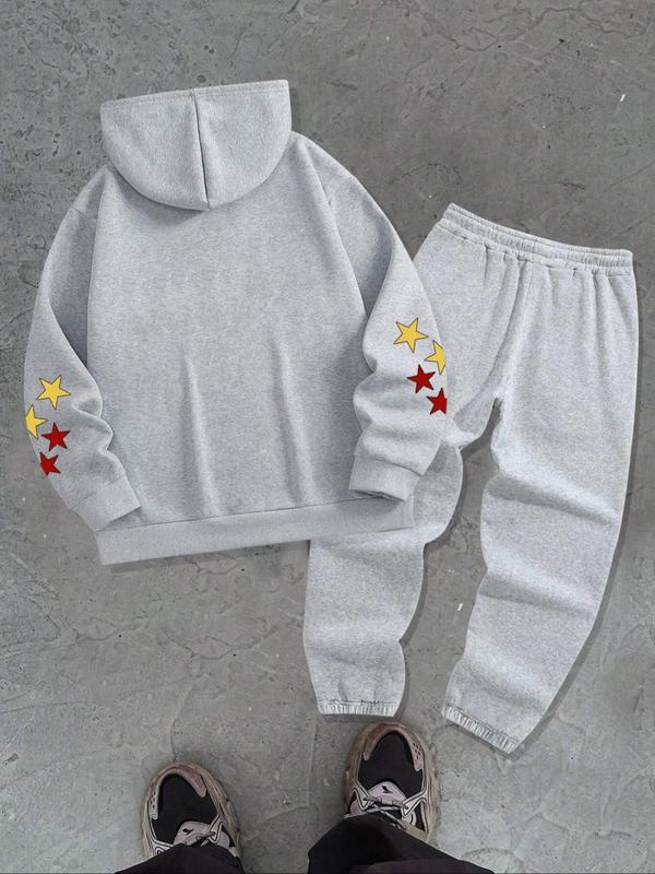 Men's Star Skull Print Hoodie & Drawstring Waist Sweatpants Two-piece Set, Letters Print Regular Fit Long Sleeve Hooded Sweatshirt & Pocket Jogger Pants, Men's Fall & Winter Clothes