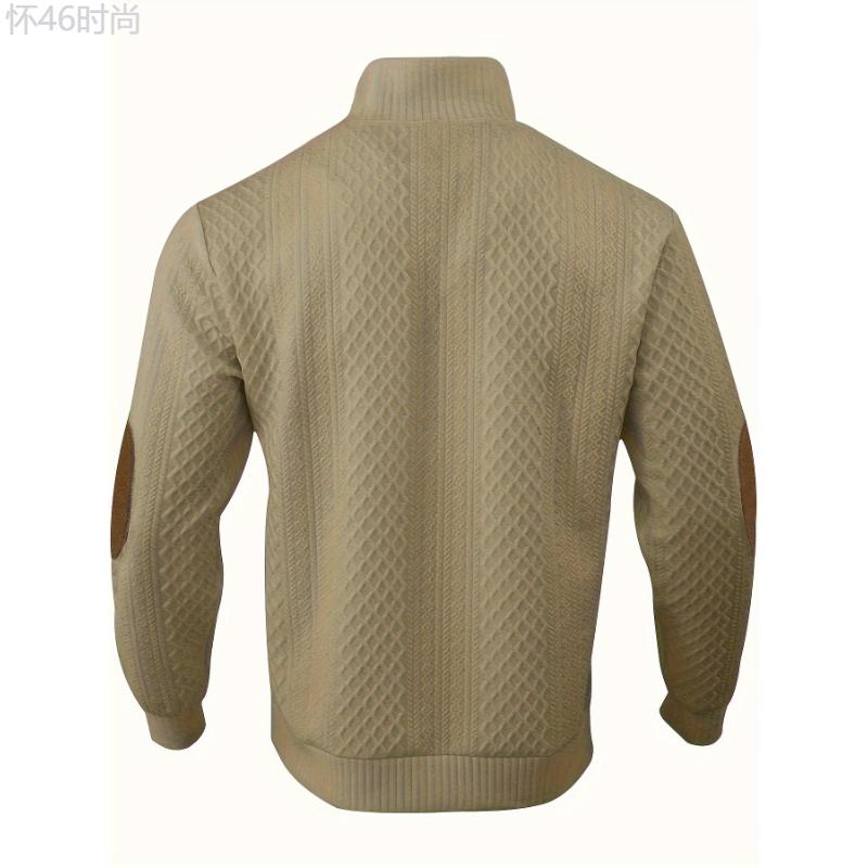 Men's Classic Jacquard Stand Collar Pullover Sweater - Casual Long Sleeve Knit Top for Fall Winter, Polyester Fabric Knitwear