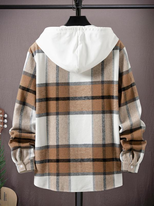 Men's Plaid Print Button Front Drawstring Hooded Jacket, Casual Regular Fit Long Sleeve Pocket Outerwear for Fall & Winter, Men's Clothes for Daily Wear