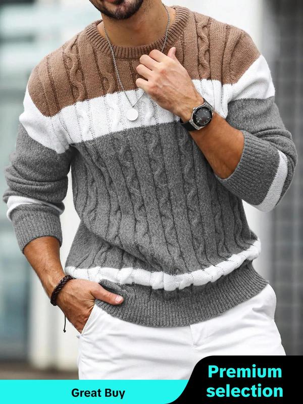 Men's Colorblock Round Neck Cable Knit Sweater, Regular Fit Casual Long Sleeve Crew Neck Jumper for Fall & Winter, Fashion Men's Knitwear for Daily Wear, Fall Sweater, Sweaters for Men Knitted Sweater