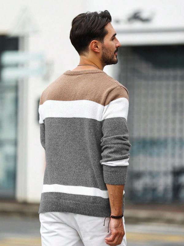 Men's Colorblock Round Neck Cable Knit Sweater, Regular Fit Casual Long Sleeve Crew Neck Jumper for Fall & Winter, Fashion Men's Knitwear for Daily Wear, Fall Sweater, Sweaters for Men Knitted Sweater