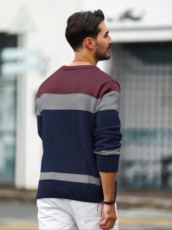 Men's Colorblock Round Neck Cable Knit Sweater, Regular Fit Casual Long Sleeve Crew Neck Jumper for Fall & Winter, Fashion Men's Knitwear for Daily Wear, Fall Sweater, Sweaters for Men Knitted Sweater